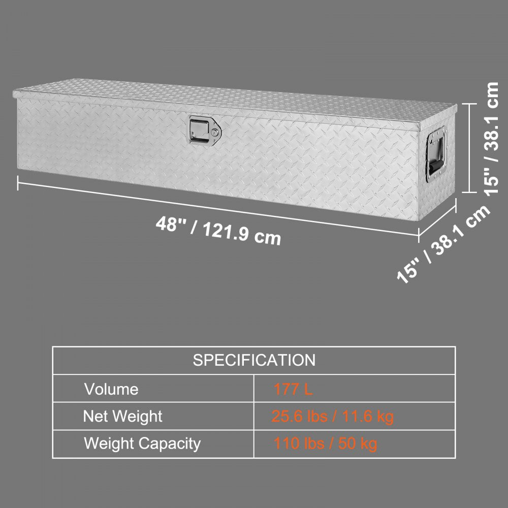 Heavy Duty Aluminum Truck Bed Tool Box, Diamond Plate Tool Box with Side Handle and Lock Keys, Storage Tool Box Chest Box Organizer for Pickup, Truck Bed, RV, Trailer, 48"x15"x15", Silver