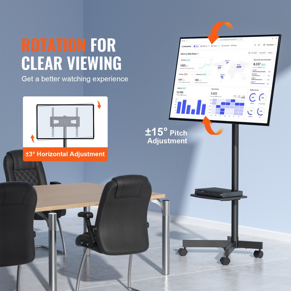 Mobile TV Stand, Mobile TV Cart for 23 to 60 inch TVs, Height Adjustable Portable TV Stand with Wheels, with A Tray for Audio-Visual Devices, Rolling TV Stand with Mount for Bedroom, Living Room