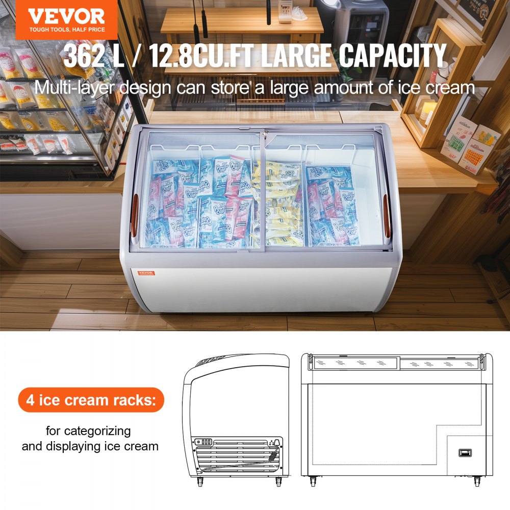 Commercial Ice Cream Display Case, 12.8 Cu.ft Chest Freezer, Mobile Glass Top Deep Freezer, Restaurant Gelato Dipping Cabinet with 4 Wire Baskets, 2 Sliding Glass Doosr, Locking Casters, White