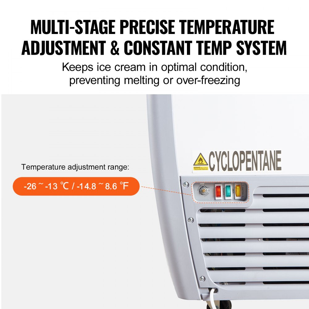Commercial Ice Cream Display Case, 12.8 Cu.ft Chest Freezer, Mobile Glass Top Deep Freezer, Restaurant Gelato Dipping Cabinet with 4 Wire Baskets, 2 Sliding Glass Doosr, Locking Casters, White