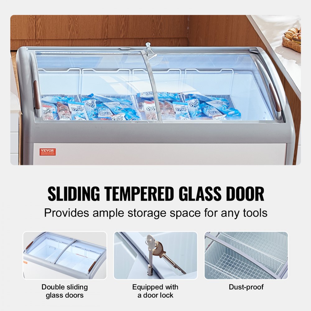 Commercial Ice Cream Display Case, 12.8 Cu.ft Chest Freezer, Mobile Glass Top Deep Freezer, Restaurant Gelato Dipping Cabinet with 4 Wire Baskets, 2 Sliding Glass Doosr, Locking Casters, White