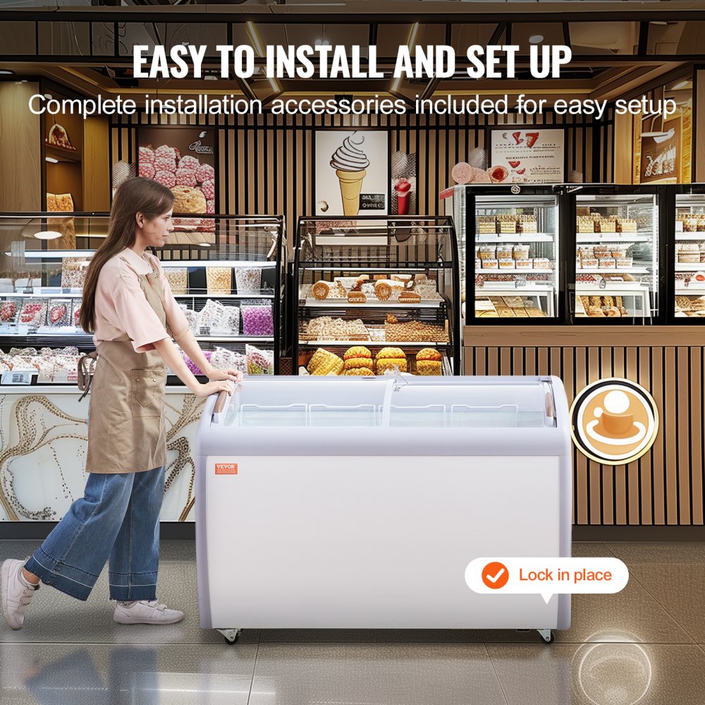Commercial Ice Cream Display Case, 12.8 Cu.ft Chest Freezer, Mobile Glass Top Deep Freezer, Restaurant Gelato Dipping Cabinet with 4 Wire Baskets, 2 Sliding Glass Doosr, Locking Casters, White