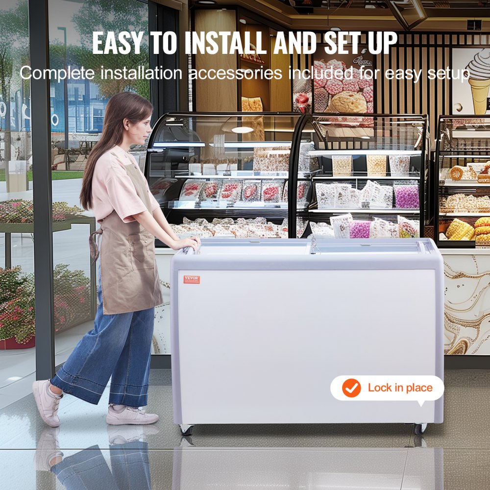 Commercial Ice Cream Display Case, 13.1 Cu.ft Chest Freezer, Mobile Glass Top Deep Freezer, Restaurant Gelato Dipping Cabinet with 8 Large Tubs, 2 Sliding Glass Doors, Locking Casters, White