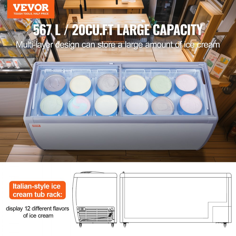Commercial Ice Cream Display Case, 20 Cu.ft Chest Freezer, Mobile Glass Top Deep Freezer, Restaurant Gelato Dipping Cabinet with 12 Large Tubs, 2 Sliding Glass Doors, Locking Casters, White
