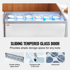 Commercial Ice Cream Display Case, 20 Cu.ft Chest Freezer, Mobile Glass Top Deep Freezer, Restaurant Gelato Dipping Cabinet with 12 Large Tubs, 2 Sliding Glass Doors, Locking Casters, White