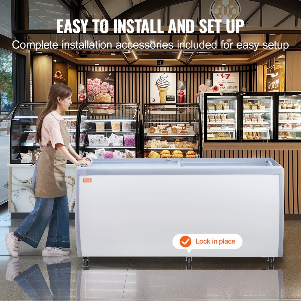Commercial Ice Cream Display Case, 20 Cu.ft Chest Freezer, Mobile Glass Top Deep Freezer, Restaurant Gelato Dipping Cabinet with 12 Large Tubs, 2 Sliding Glass Doors, Locking Casters, White