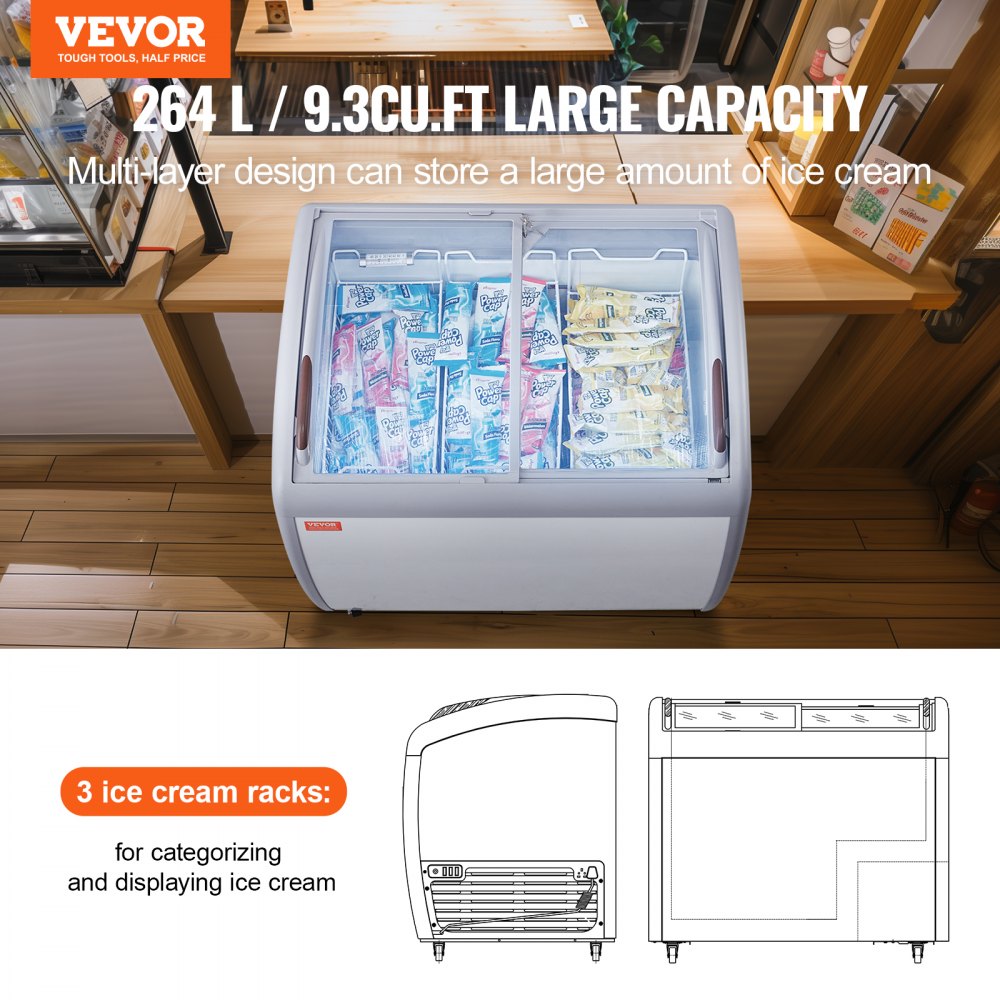 Commercial Ice Cream Display Case, 9.3 Cu.ft Chest Freezer, Mobile Glass Top Deep Freezer, Restaurant Gelato Dipping Cabinet with 3 Wire Baskets, 2 Sliding Glass Doors, Locking Casters, White