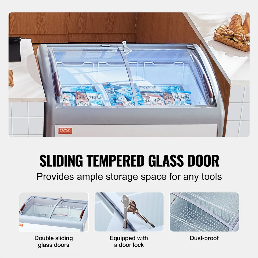 Commercial Ice Cream Display Case, 9.3 Cu.ft Chest Freezer, Mobile Glass Top Deep Freezer, Restaurant Gelato Dipping Cabinet with 3 Wire Baskets, 2 Sliding Glass Doors, Locking Casters, White
