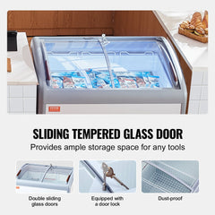 Commercial Ice Cream Display Case, 9.3 Cu.ft Chest Freezer, Mobile Glass Top Deep Freezer, Restaurant Gelato Dipping Cabinet with 3 Wire Baskets, 2 Sliding Glass Doors, Locking Casters, White