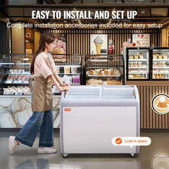 Commercial Ice Cream Display Case, 9.3 Cu.ft Chest Freezer, Mobile Glass Top Deep Freezer, Restaurant Gelato Dipping Cabinet with 3 Wire Baskets, 2 Sliding Glass Doors, Locking Casters, White