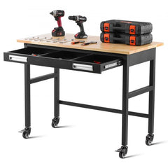48" Workbench on Wheels Wood Top Work Table with Drawer Organizer 1500 lbs
