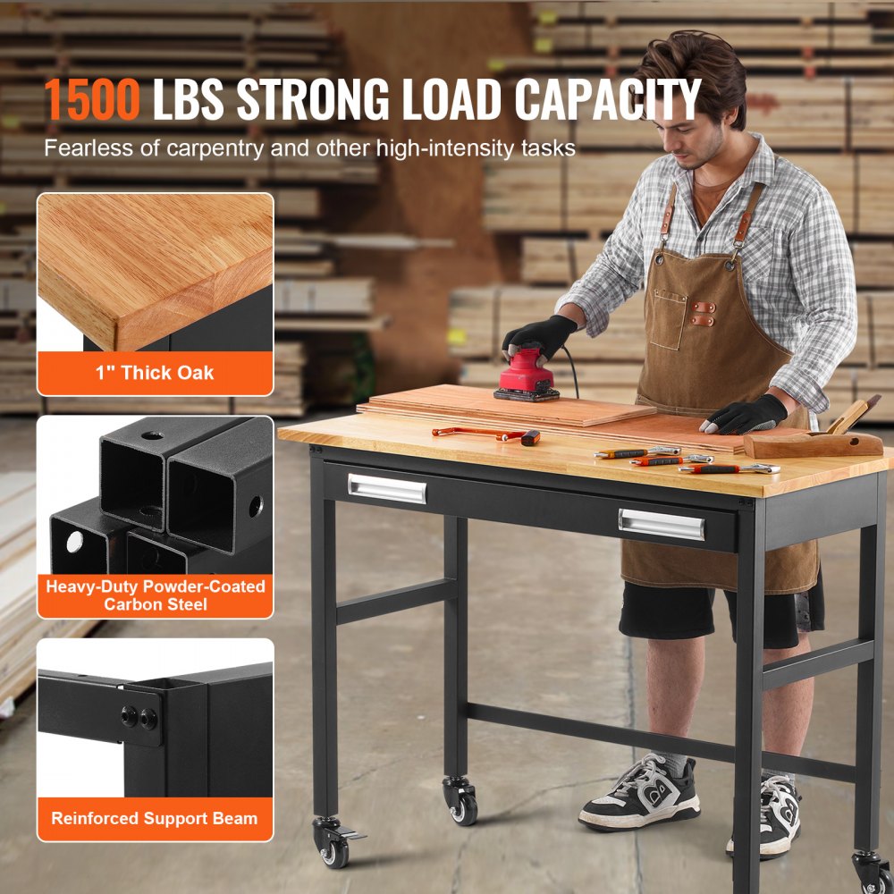 48" Workbench on Wheels Wood Top Work Table with Drawer Organizer 1500 lbs