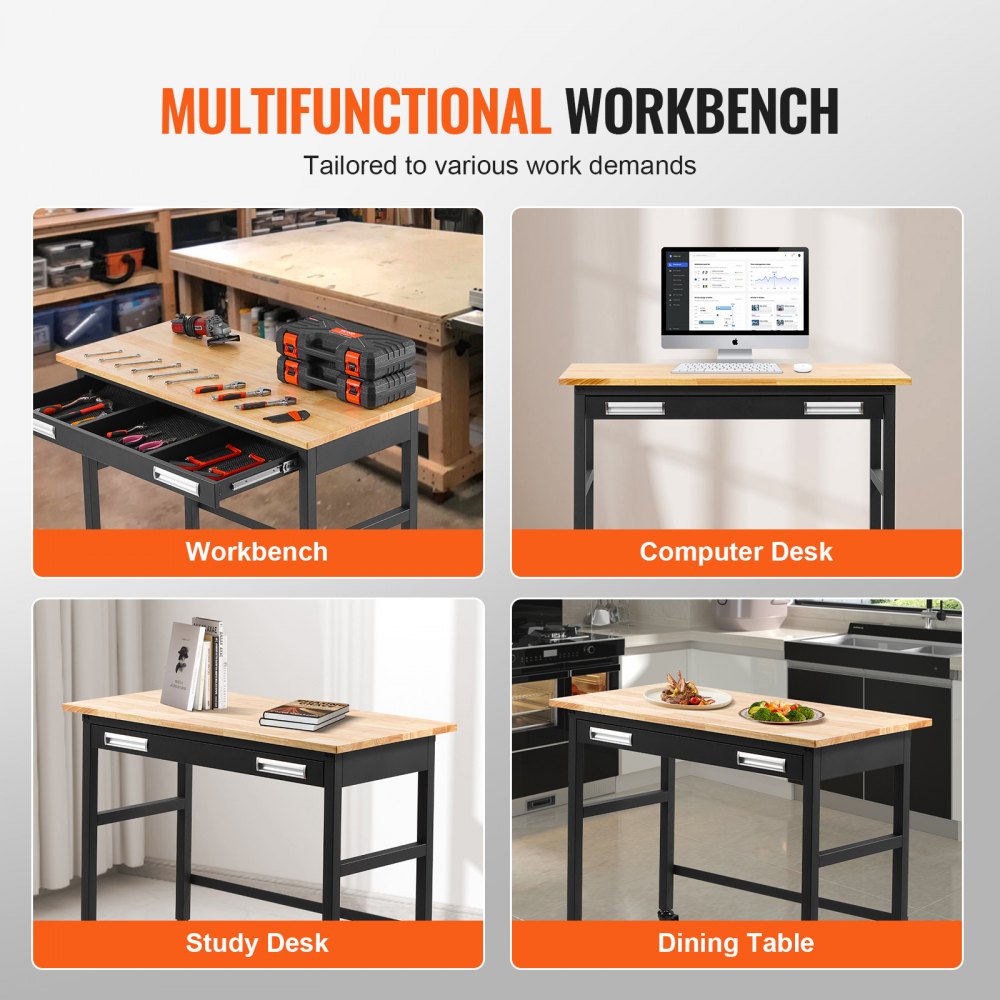 48" Workbench on Wheels Wood Top Work Table with Drawer Organizer 1500 lbs