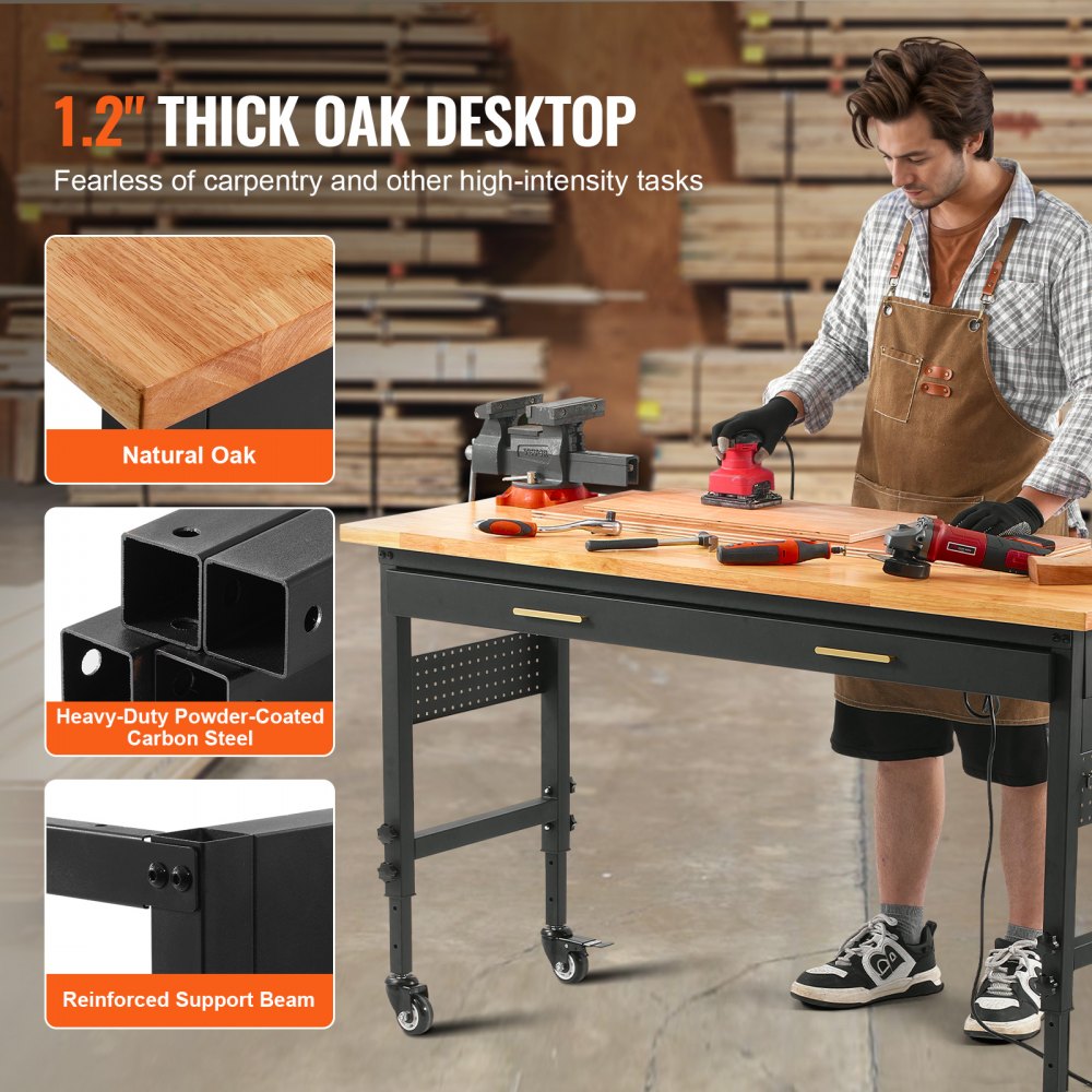 60" Workbench on Wheels Adjustable Height Table with Power Outlet & Drawer