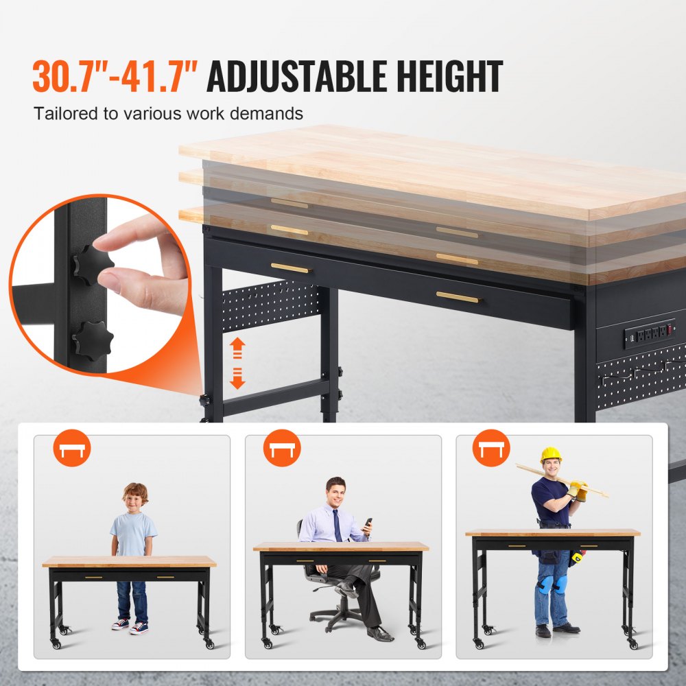 60" Workbench on Wheels Adjustable Height Table with Power Outlet & Drawer