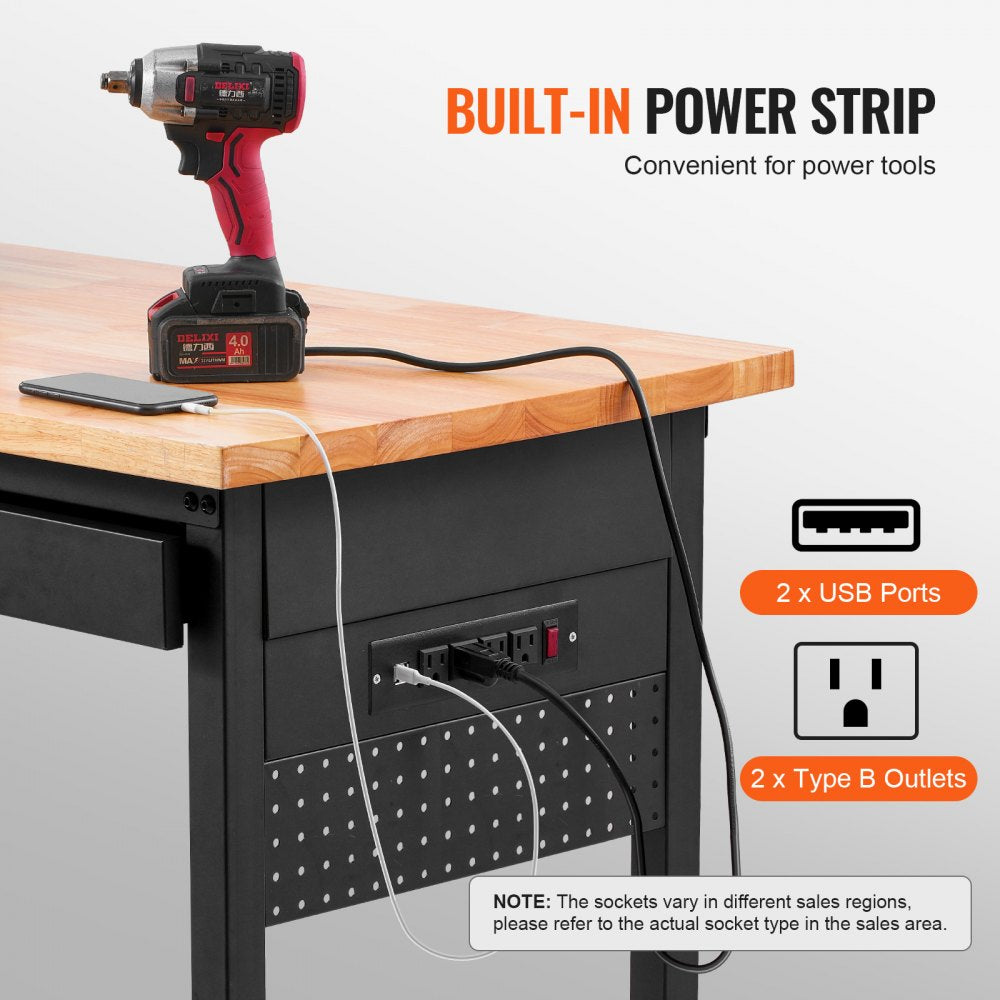 60" Workbench on Wheels Adjustable Height Table with Power Outlet & Drawer