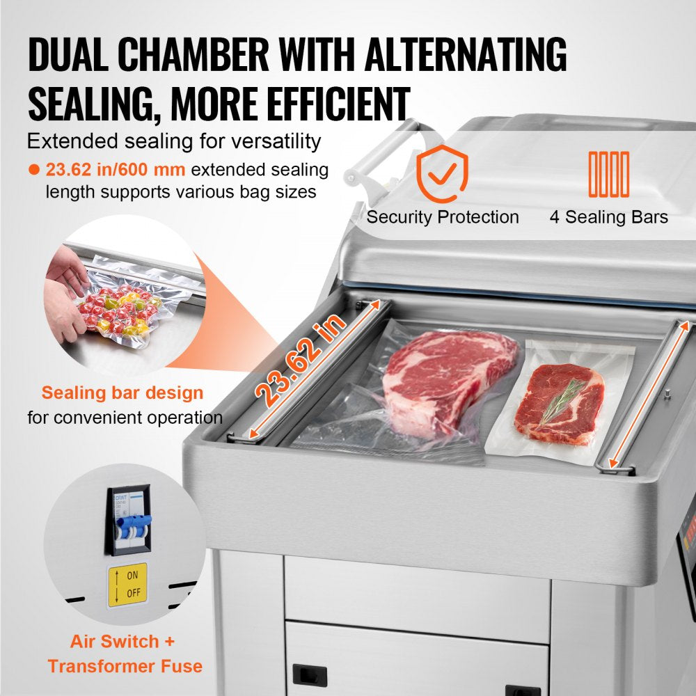 Chamber Vacuum Sealer, 1200W Sealing Power, Vacuum Packing Machine for Wet Foods, Meats, Marinades and More, Compact Size with 23.62" Sealing Length, Applied in Home Kitchen and Commercial Use