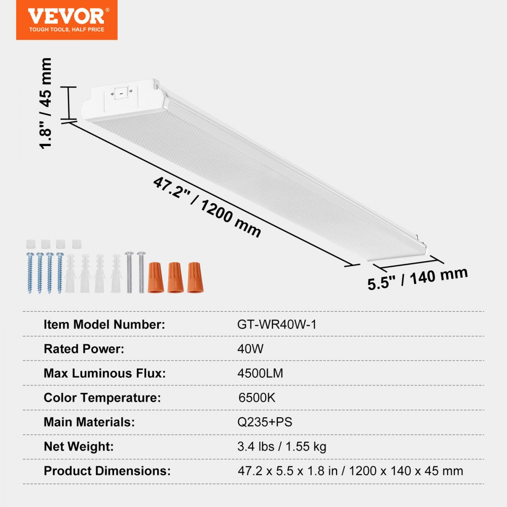 4FT LED Wraparound Light, 40W, 4500LM Flush Mount LED Shop Light, 6500K Daylight LED Kitchen Ceiling Lighting Fixtures, for Garage Office Laundry Craft Room Fluorescent Tube Replacement, ETL