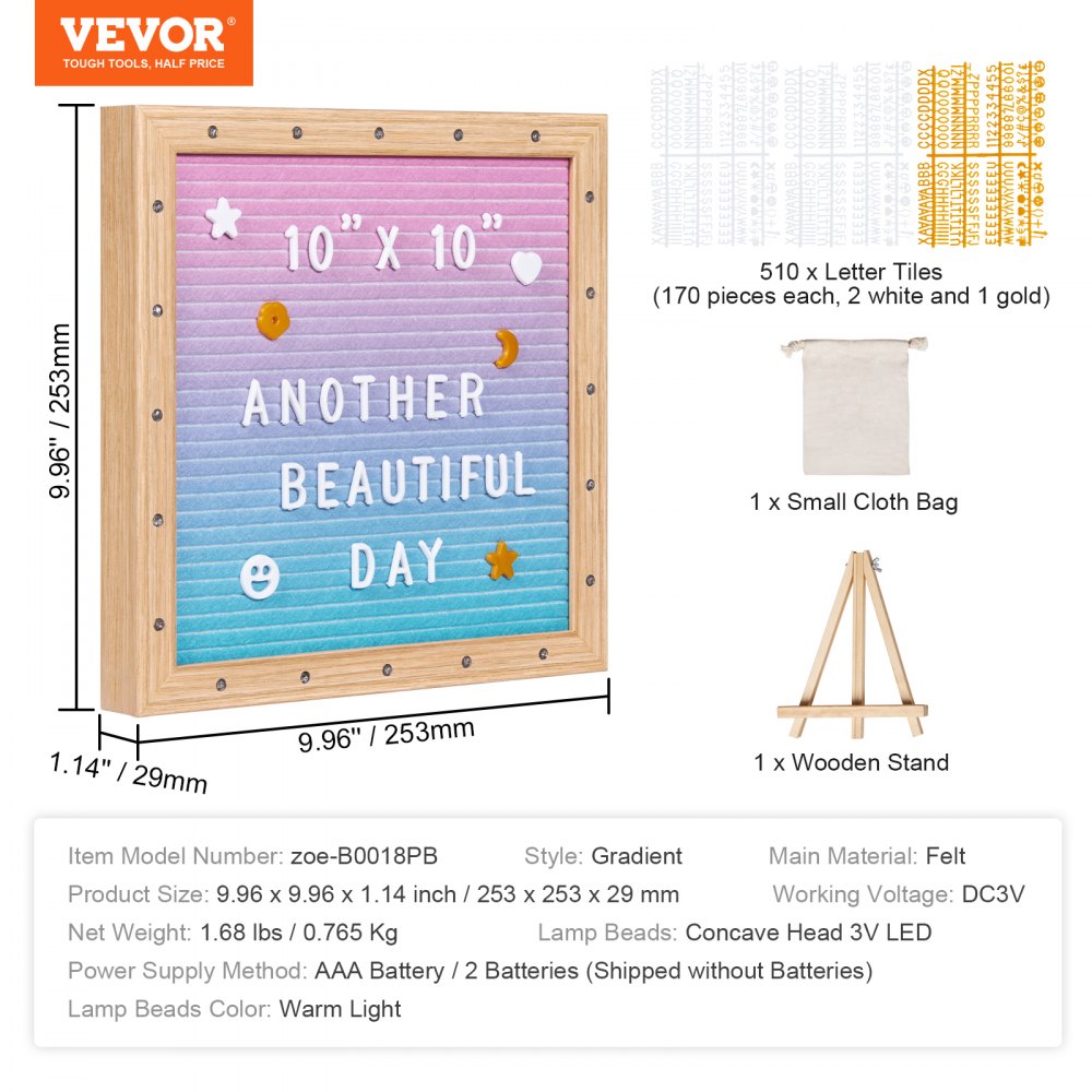 Gradient Felt Letter Board, 10"x10" Felt Message Board, Changeable Sign Boards with 510 Letters, Stand, and Built-in LED Lights, Baby Announcement Sign for Home Classroom Office Decor Wedding