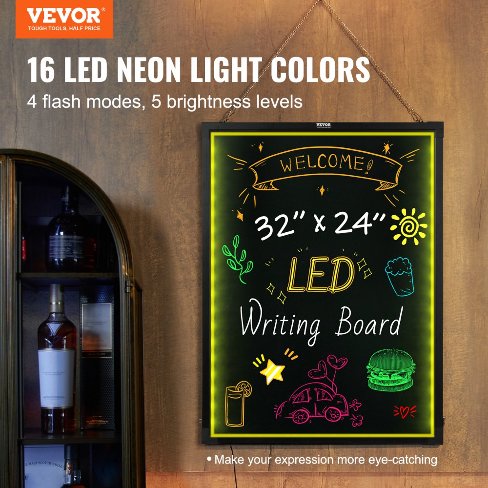 LED Message Writing Board, 32"x24" Illuminated Erasable Lighted Chalkboard, Neon Effect Menu Sign Board, Drawing Board with 8 Fluorescent Chalk Markers and Remote Contro Tested toStandards