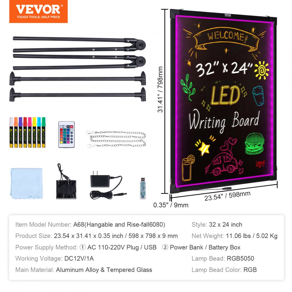 LED Message Writing Board, 32"x24" Illuminated Erasable Lighted Chalkboard, Neon Effect Menu Sign Board, Drawing Board with 8 Fluorescent Chalk Markers and Remote Contro Tested toStandards