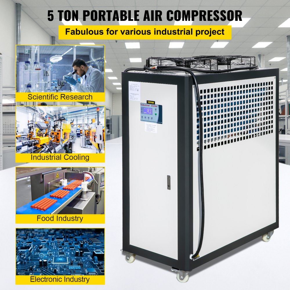 Bostome 5 Ton air-cooled industrial chiller with 5HP Panasonic compressor and 53L tank.