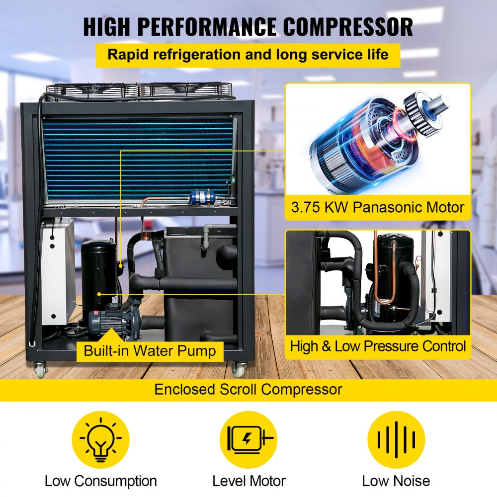 Bostome 5 Ton air-cooled industrial chiller with 5HP Panasonic compressor and 53L tank.