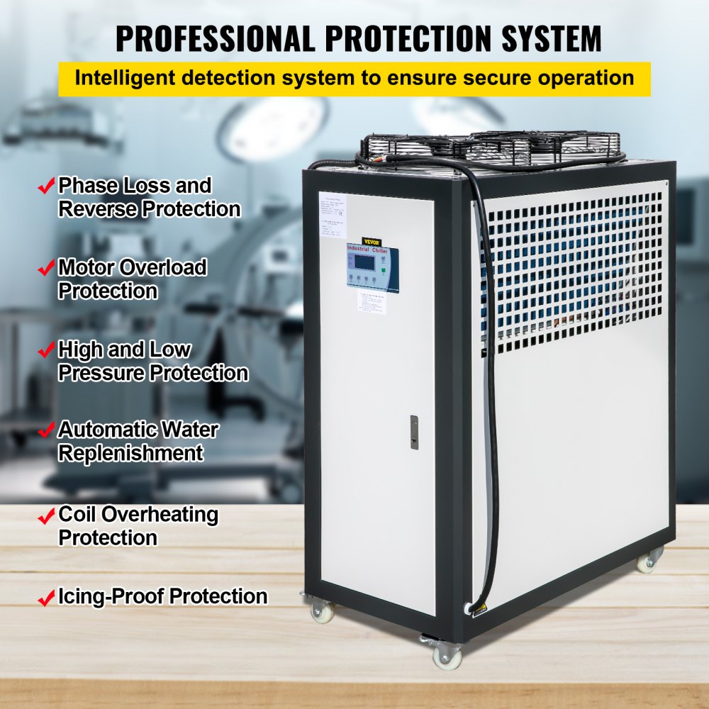 Bostome 5 Ton air-cooled industrial chiller with 5HP Panasonic compressor and 53L tank.