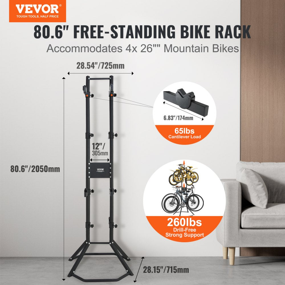 4 Bike Storage Rack, Free Standing Gravity Wall Vertical Bike Rack, Fully Adjustable Bike Rack Garage, Sturdy Steel & Easy Assemble, for Garage, Living Room, Shed, Holds Up to 260 lbs Black