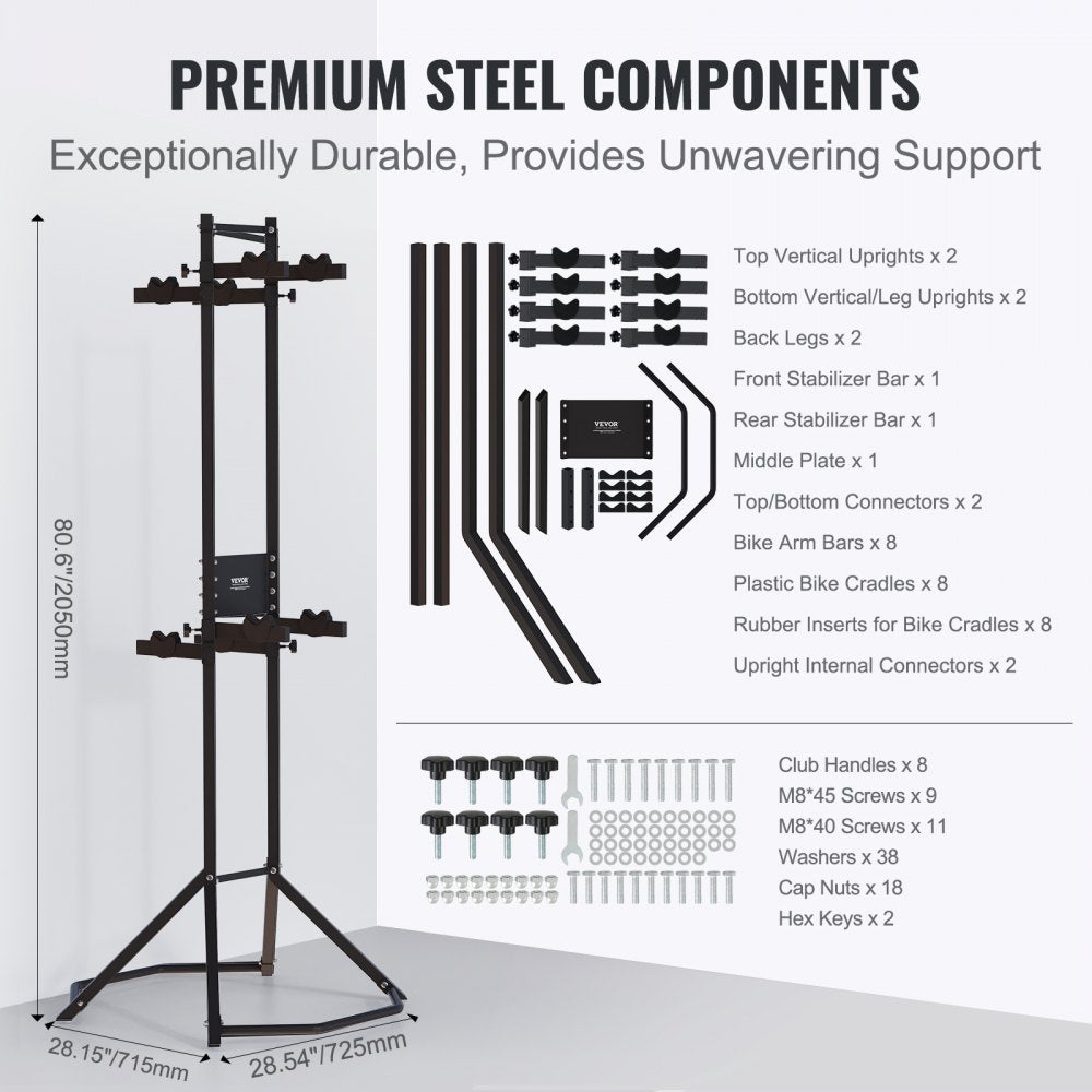 4 Bike Storage Rack, Free Standing Gravity Wall Vertical Bike Rack, Fully Adjustable Bike Rack Garage, Sturdy Steel & Easy Assemble, for Garage, Living Room, Shed, Holds Up to 260 lbs Black