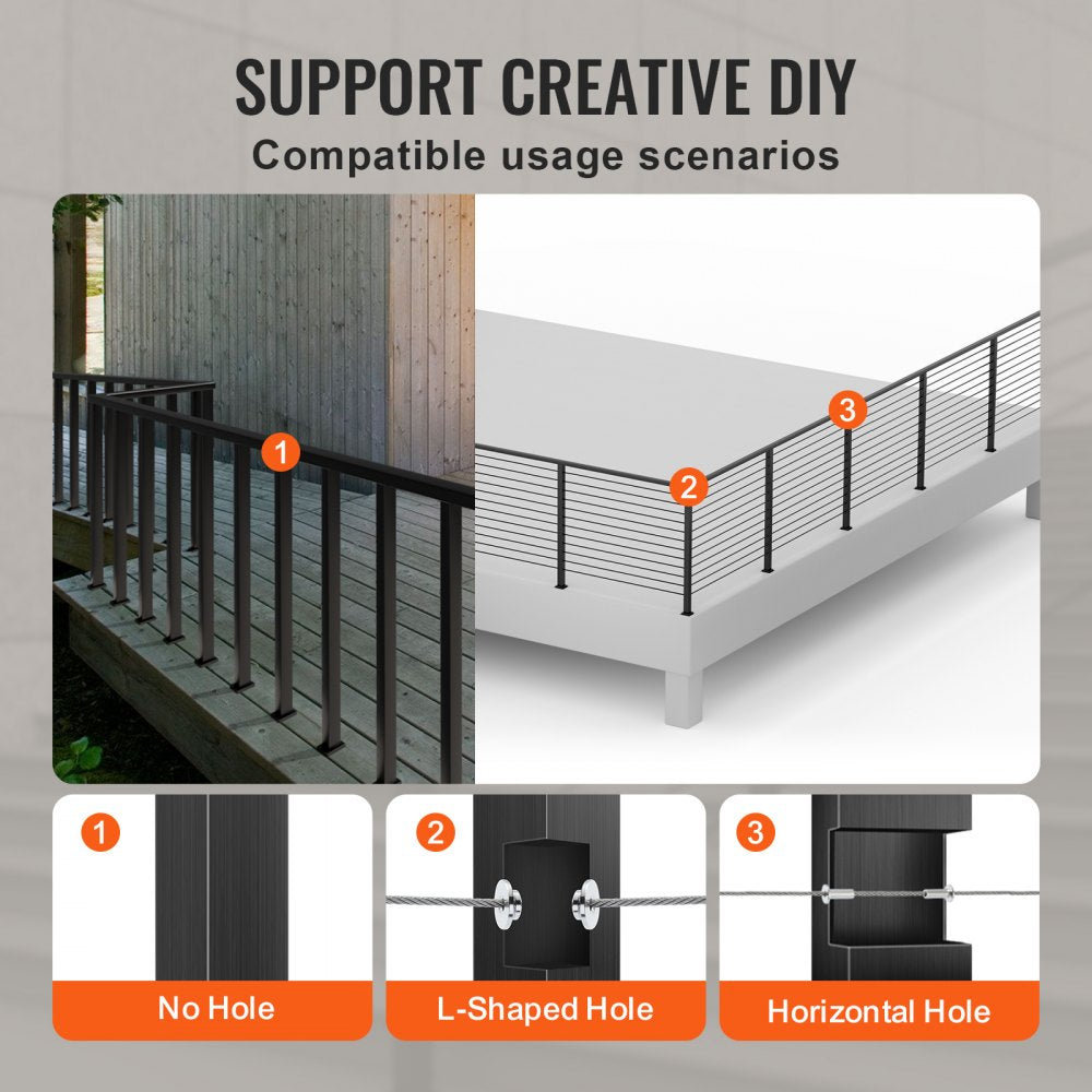 Cable Rail Post Level Deck Stair Post 36 x 1.5 x 1.5" Cable Handrail Post Stainless Steel Brushed Finishing Deck Railing DIY Picket Without Hole Stair Railing Kit with Mount Bracket Black