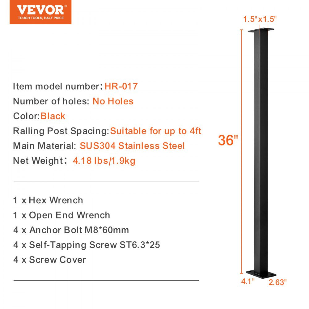 Cable Rail Post Level Deck Stair Post 36 x 1.5 x 1.5" Cable Handrail Post Stainless Steel Brushed Finishing Deck Railing DIY Picket Without Hole Stair Railing Kit with Mount Bracket Black