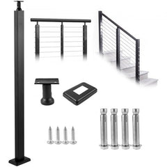 42-inch black stainless steel cable railing post with adjustable bracket for stairs or decks.