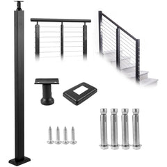 Black 42-inch stainless steel cable railing post with adjustable bracket for stair handrail.
