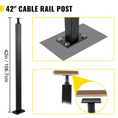 Black 42" stainless steel cable railing post with adjustable bracket for stair handrail installation.