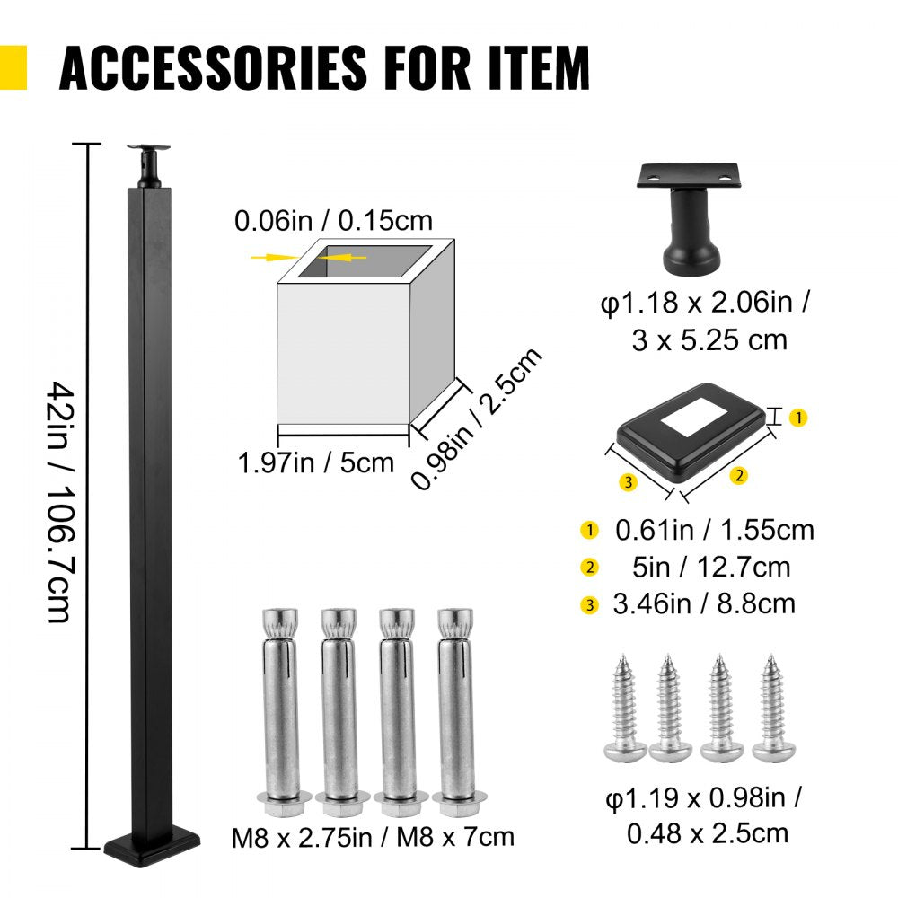 Bostome 42" black stainless steel cable railing post with adjustable bracket for stair handrail.
