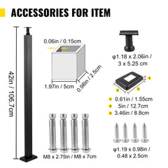 Bostome 42" black stainless steel cable railing post with adjustable bracket for stair handrail.
