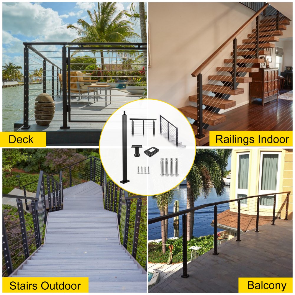 Black 42-inch stainless steel cable railing post with adjustable bracket for stair handrail use.