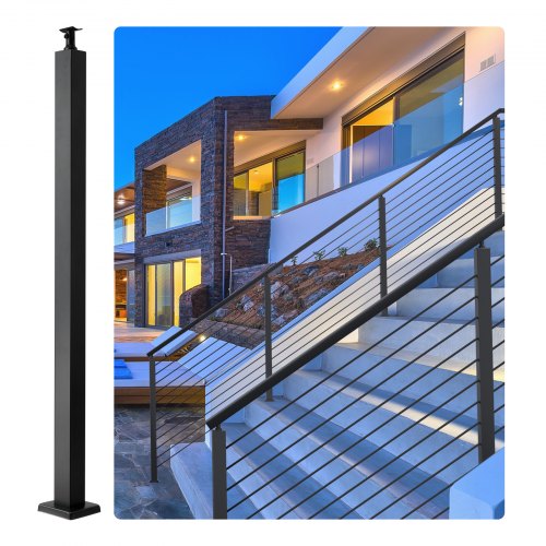 Black 42-inch holeless cable railing post made of rust-resistant SUS304 stainless steel.