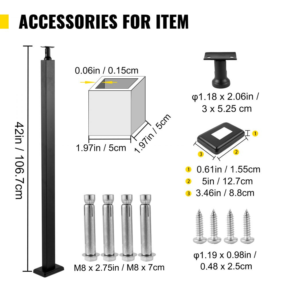 Bostome 42" black holeless cable railing post made of SUS304 stainless steel with a sleek finish.