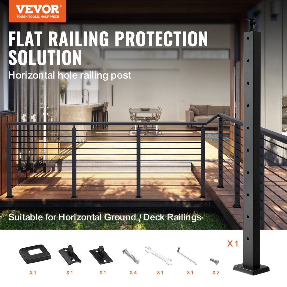 Black stainless steel cable railing post, 36 inches tall, with adjustable cast bracket.