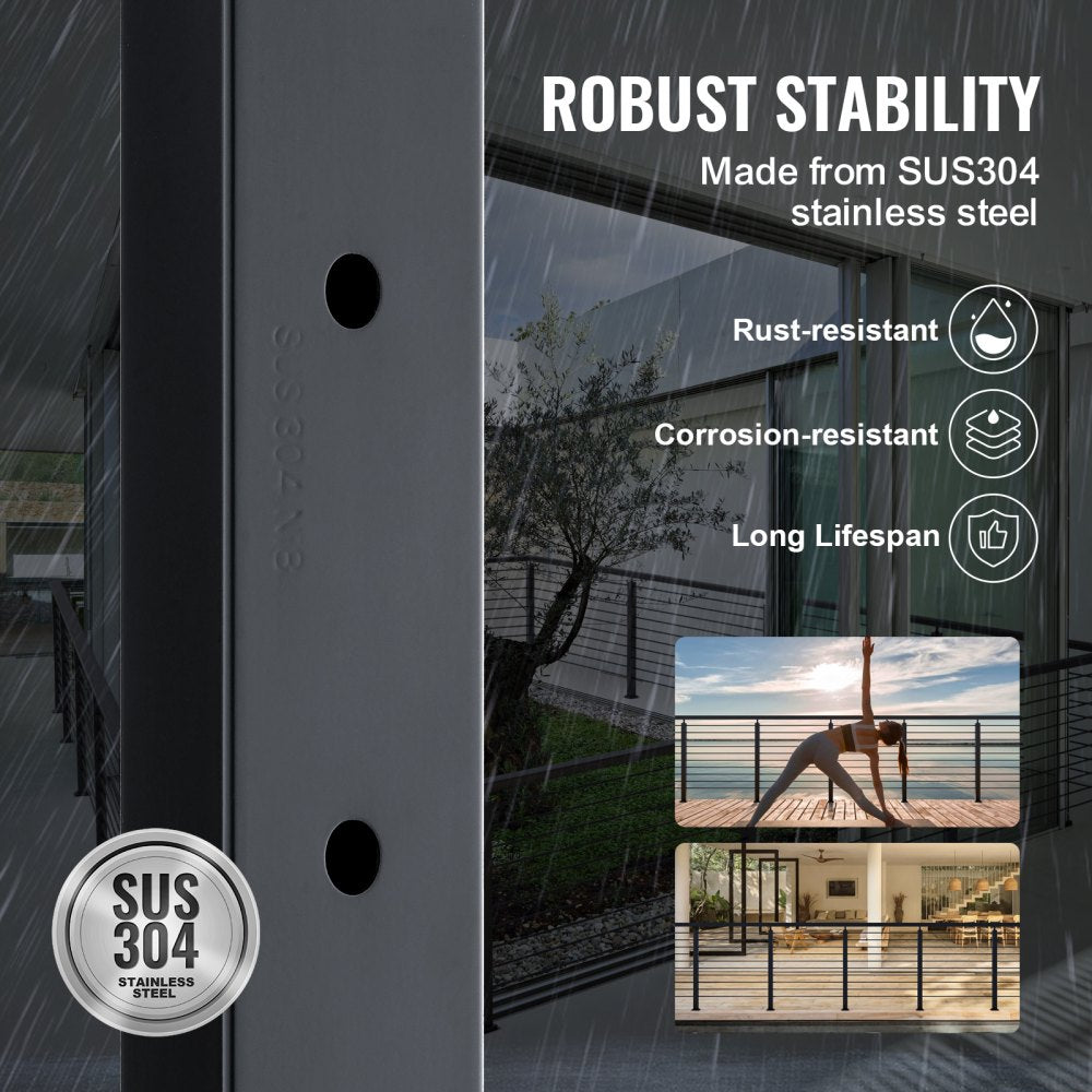 Black stainless steel cable railing post, 36 inches tall, designed for decks and stairs.