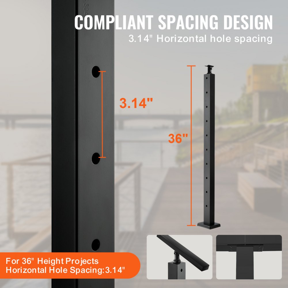 Black stainless steel cable railing post, 36 inches tall, designed for decks and stairs.