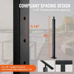 Black stainless steel cable railing post, 36 inches tall, designed for decks and stairs.