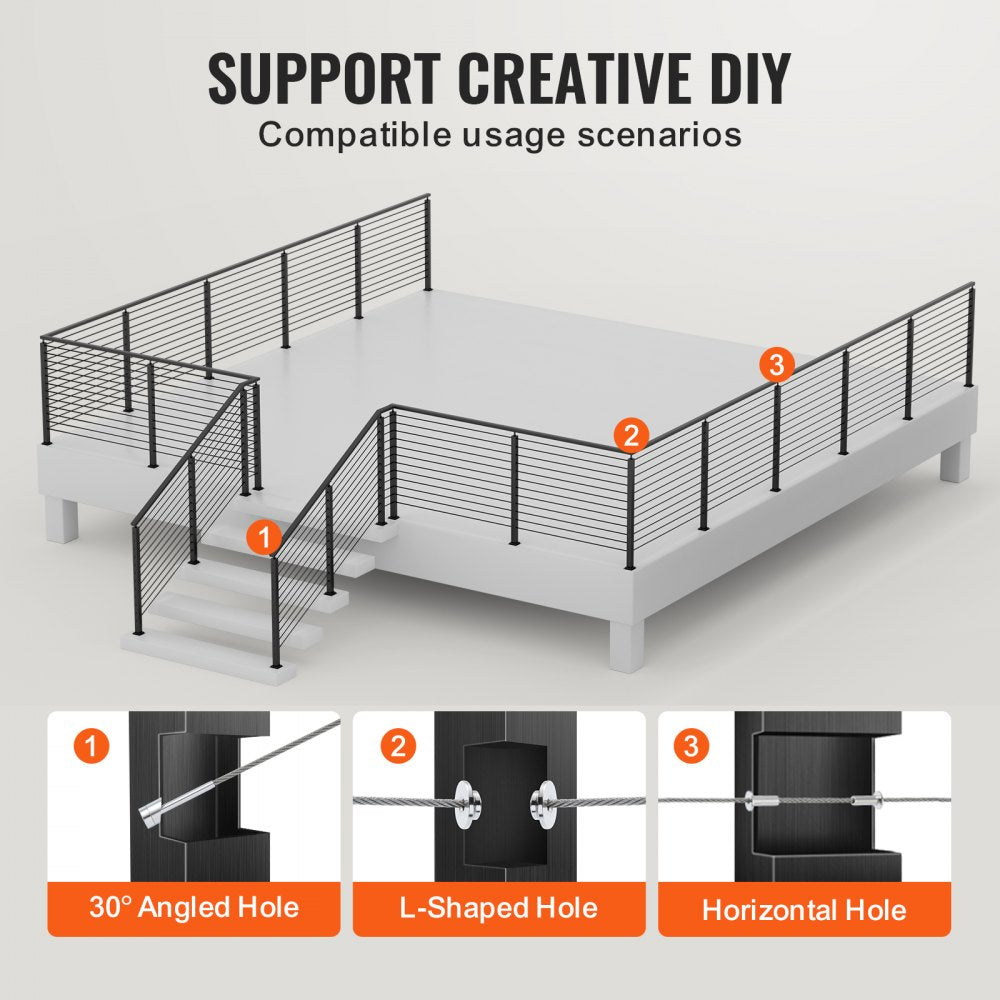 Black stainless steel cable railing post, 36 inches tall, designed for decks and stairs.