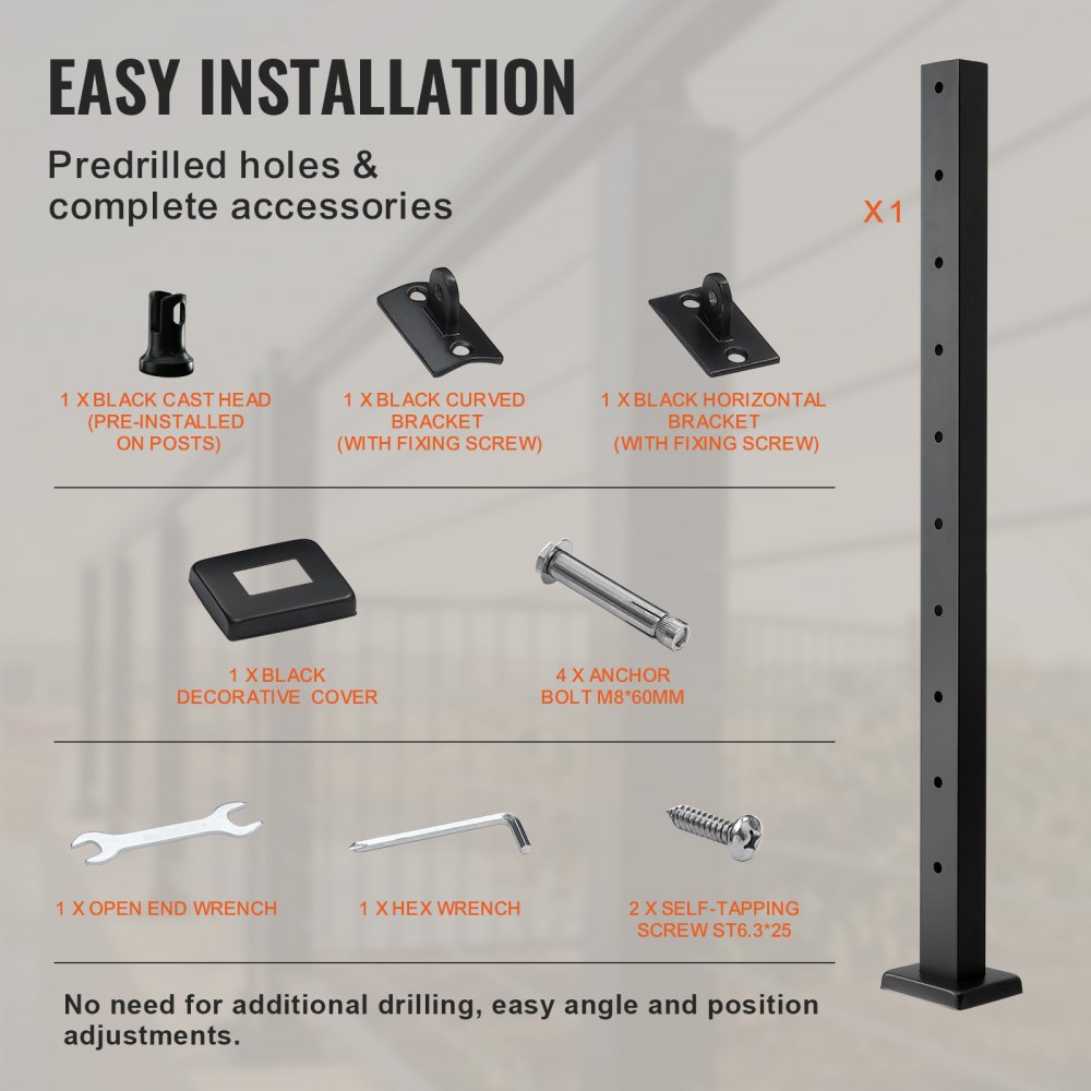 Black stainless steel cable railing post, 36 inches tall, designed for decks and stairs.