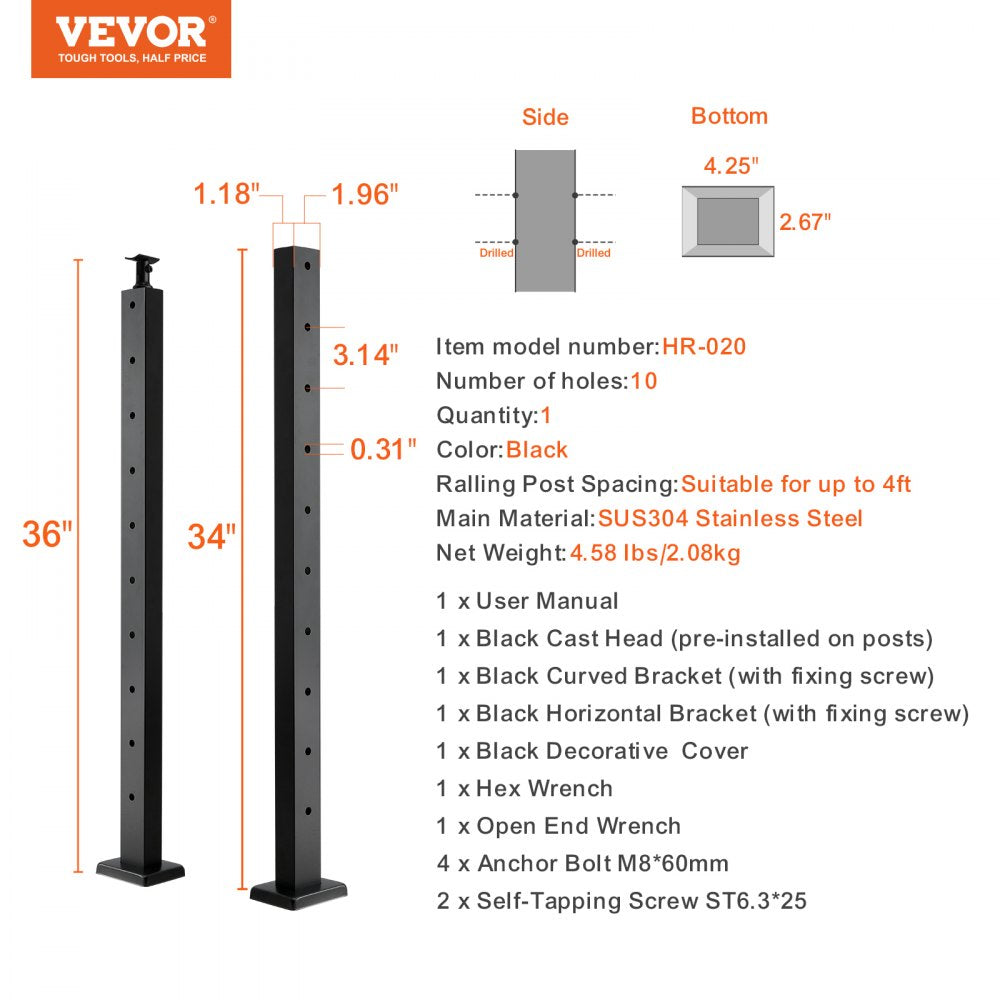 Black stainless steel cable railing post, 36 inches tall, with adjustable bracket for installation.