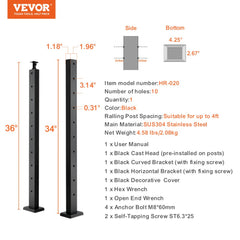 Black stainless steel cable railing post, 36 inches tall, with adjustable bracket for installation.
