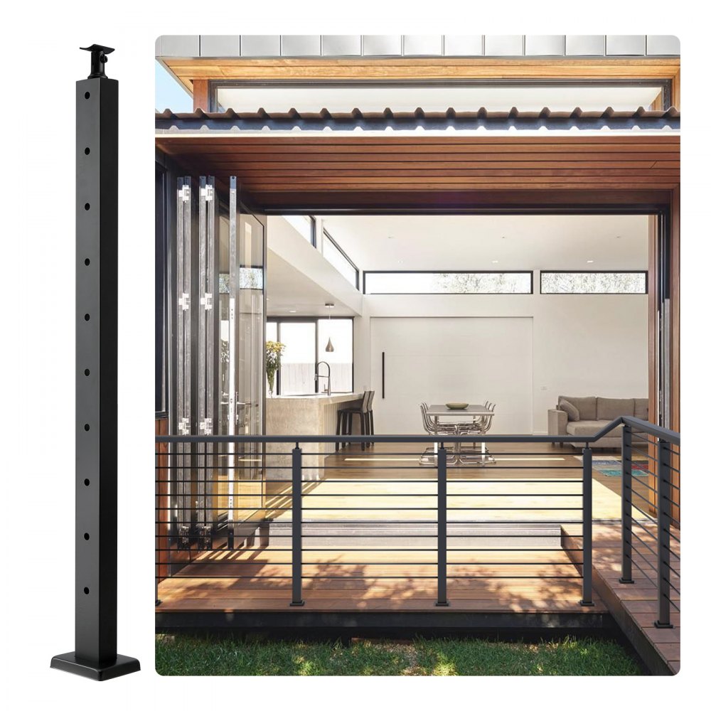 Black stainless steel cable railing post, 36 inches tall, designed for decks and stairs.