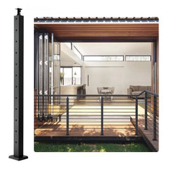 42-inch black stainless steel cable railing post with pivot bracket, shown on modern deck.